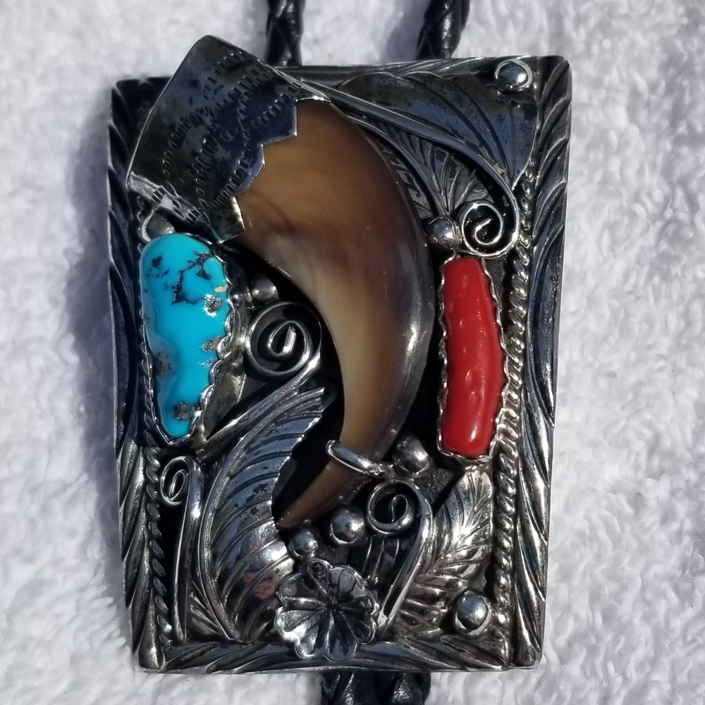 Mens Bolo Tie Bear Claw Turquoise Coral Southwest